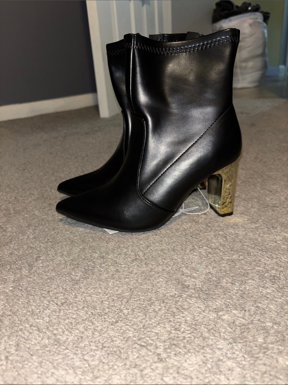 a new day Black Pointed Toe Ankle Boots with Gold Block Heel Accent